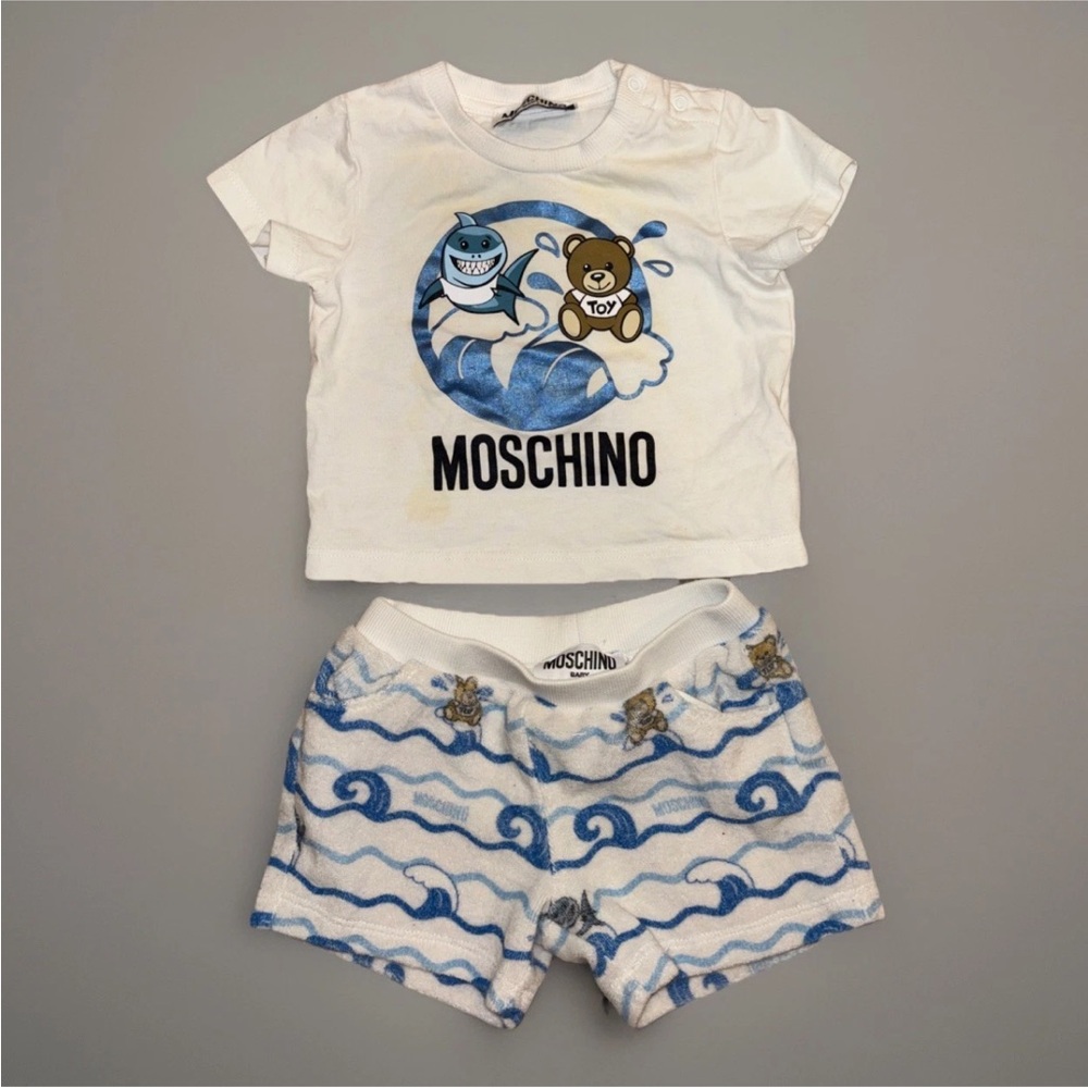 Moschino White and Blue Graphic Baby Set